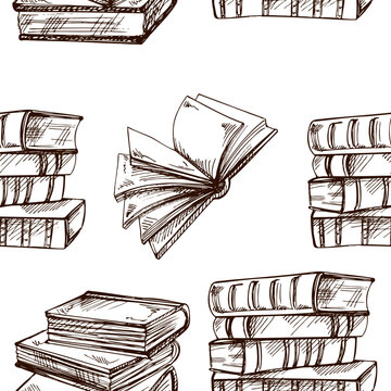Books sketch seamless pattern, vintage library illustration with open book and stacked volumes