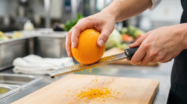 Chef using a metal zester to grate fresh orange peel over a wooden cutting board in a restaurant kitchen environment.