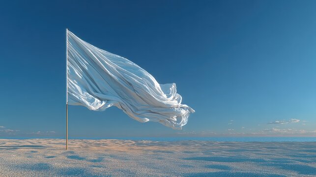 A white flag waves gently in the wind, set against a bright blue sky and sandy landscape