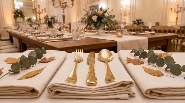 Elegant dining table set with cutlery and decor for catering event  