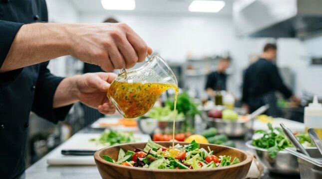 Chef pouring a bright, colorful homemade vinaigrette dressing over a fresh vegetable salad bowl in a restaurant kitchen prep station.