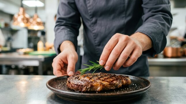 Chef placing a fresh green rosemary sprig as garnish on a grilled steak served on a black ceramic plate in a fine dining restaurant.