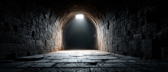 Obraz premium Dark ancient stone tunnel features light at the end creating a mysterious background.