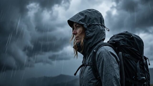 Woman hiker in hooded rain jacket against dramatic storm clouds and lightning on mountain