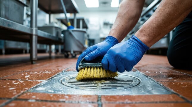 Cleaner wearing blue gloves using a stiff bristle brush to scrub a stainless steel floor drain grate in a commercial kitchen.