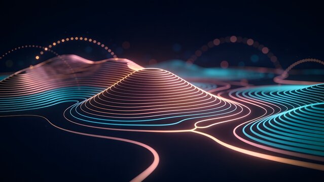 Futuristic 3D topographic terrain visualization with glowing neon contour lines suitable for big data concepts, geographic mapping, technological backgrounds, and digital network displays.