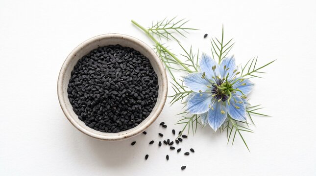 Black cumin seeds in bowl with Nigella sativa blue flower isolated on white background
