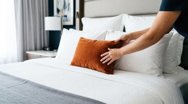 Hotel maid arranging decorative pillows and bed runner on a neatly made king-size bed in a modern suite.