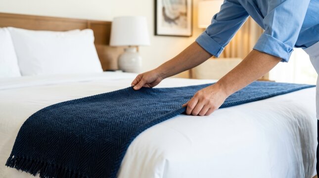 Housekeeper laying a dark blue bed runner across the foot of a freshly made white bed in a guest room.