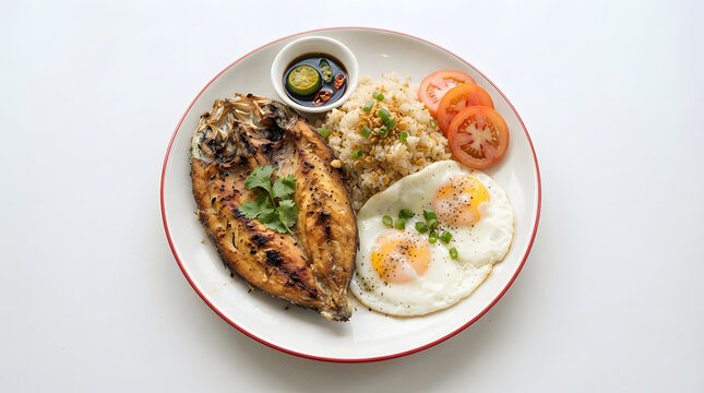 High angle shot of a Philippine bangsilog set. Fried rice, fried egg and milkfish with tomatoes and soy sauce condiment on clean white. Asian breakfast, rice based food, menu and catalogs ideas