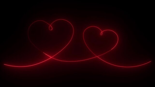Red continuous line neon glowing two hearts animation on black background