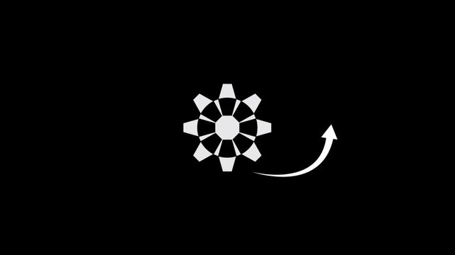 White gear rotating with curved arrow concept animation on black background