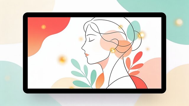 Modern digital tablet displaying an aesthetic line art woman illustration with pastel organic shapes suitable for digital art portfolios, tech device mockups, and creative app displays.