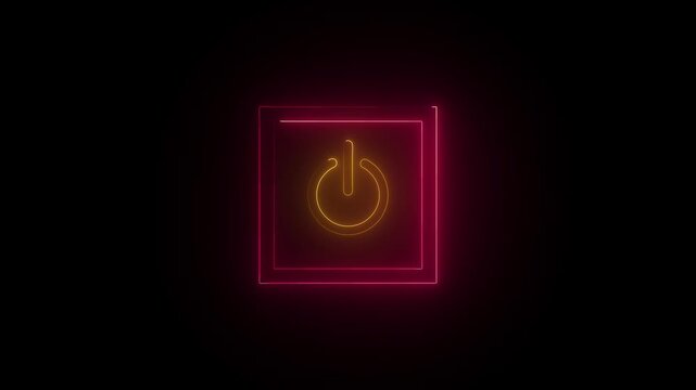 Neon power button icon glowing inside pink square frame on black background