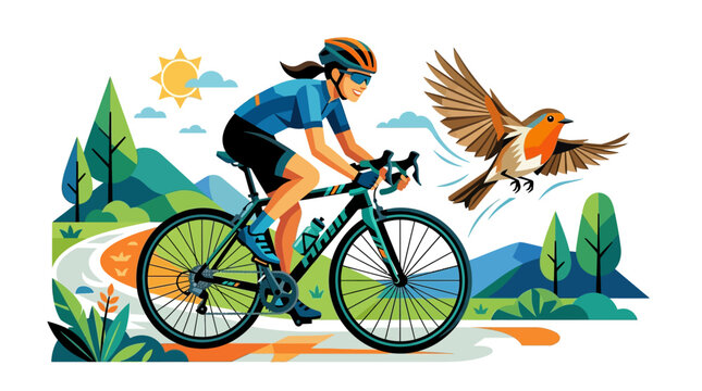 A female cyclist rides a bicycle along a scenic path with a bird flying nearby