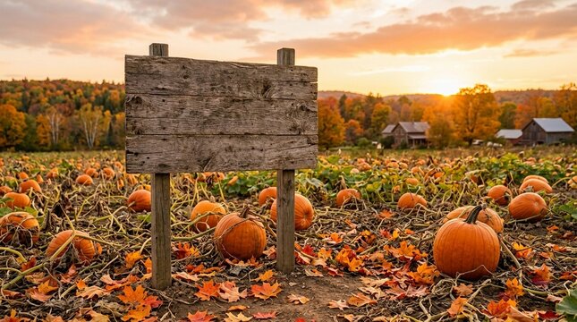 Rustic Wooden Sign Standing in an Autumn Pumpkin Patch at Sunset with Vibrant Fall Foliage and Golden Hour Light