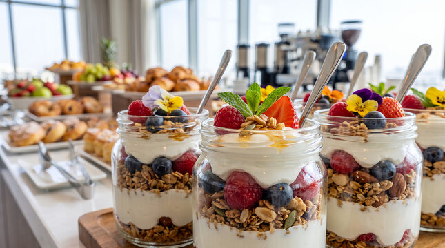Delicious yogurt parfaits with berries and granola at catering event  