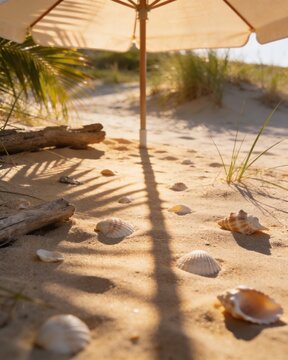 A scenic view of seashells and driftwood on warm sand, shaded under a beach umbrella with palm leaf shadows during a summer vacation.