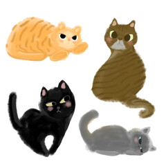 Fototapeta premium Illustrated Cat Character Set with Four Colors: Orange Tabby, Brown Tabby, Black, and Grey