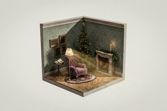 Cozy miniature living room diorama in hexagonal box, Christmas tree and fireplace, warm light, handcrafted interior decor concept for holiday display