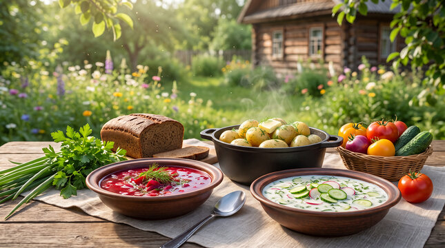 Fresh vegetable dishes served on wooden table in garden setting  
