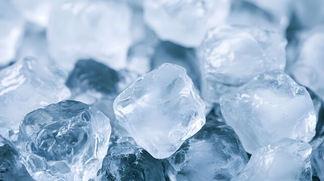 A close up of translucent ice cubes with sharp edges and smooth surfaces  arranged in a cool blue toned pile