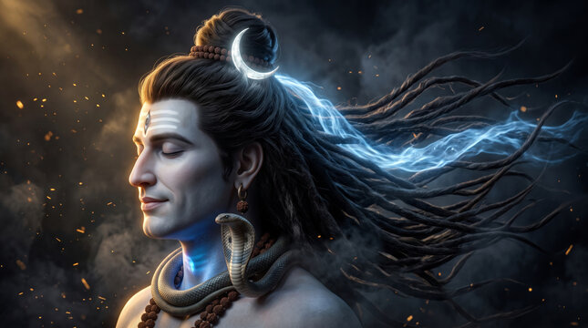Side Portrait of Lord Shiva with Flowing Hair Against a Cosmic Celestial Night Sky