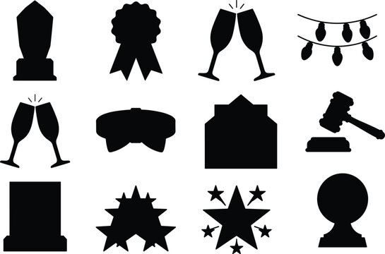 Celebration and Award Silhouette Icon Set with Trophy Ribbon Glasses Mask and Event Symbols