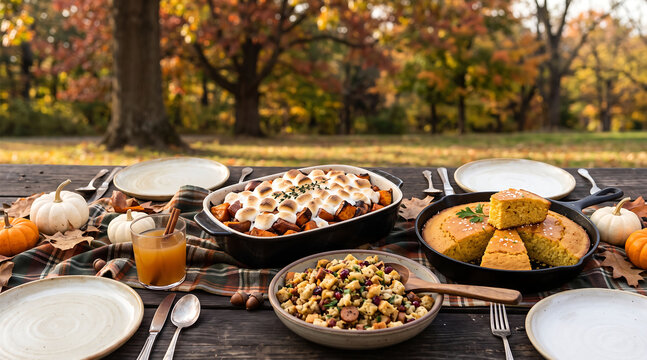 Festive thanksgiving traditional food feast sweet potato casserole stuffing and cornbread on wooden table