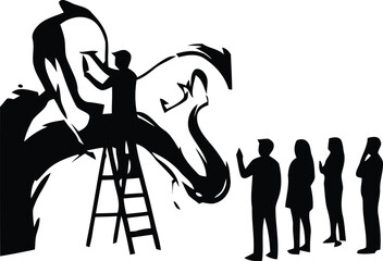 Dragon painting silhouette with artist on ladder and observing crowd © MominulHaque