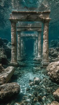 Sunlight filters through turquoise waters illuminating ancient submerged columns resting on a rocky seabed. background