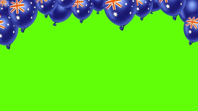 Balloons printed with the Australian flag form a border against a solid green background.