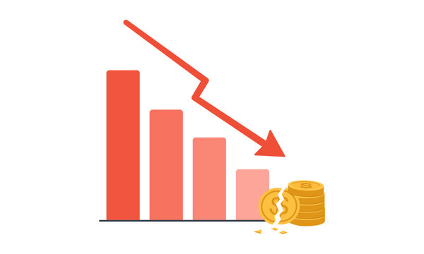 Financial Loss and Economic Decline Concept with Falling Chart and Broken Coin