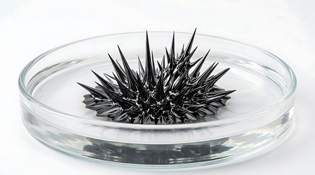 Close-up of a metallic ferrofluid forming sharp spikes in a glass dish with magnetic field, metallic