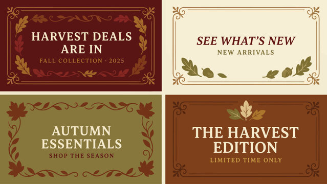 Floral ornament frames with autumn themed text a collection of four rectangular vector illustrations autumn fall harvest leaves foliage