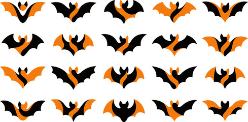 Fototapeta premium Collection of various black and orange bat illustrations isolated on white background for halloween holiday design projects