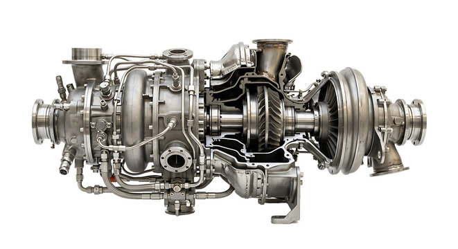 A detailed cross-section of a metallic industrial turbine engine showing internal gears, shafts, pipes, and complex mechanical components
