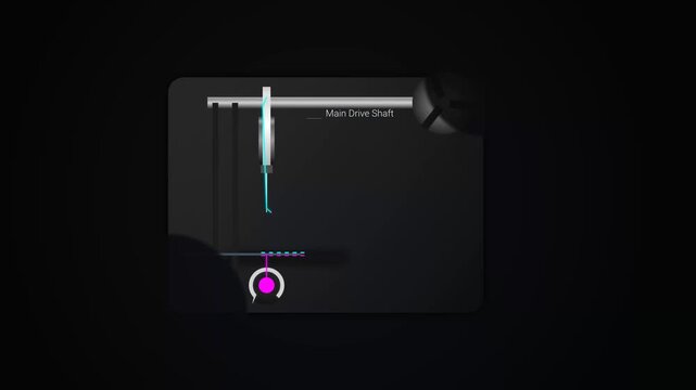 3D animation of a sewing machine mechanism showing needle penetration, thread loop formation, rotary hook capturing bobbin thread, and feed dogs advancing fabric