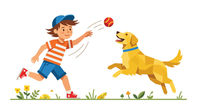 A young boy plays fetch with his golden dog in a sunny park