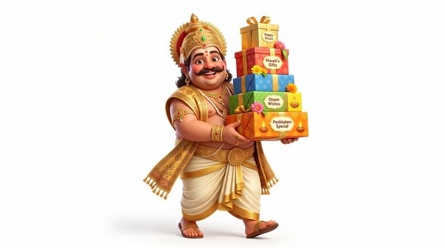 Happy Onam festival greeting background featuring King Mahabali and traditional Kerala elements