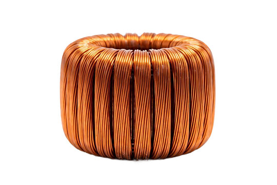 A toroidal electronic inductor coil with tightly wound copper wire around a circular core, isolated on a clean white background, for circuits