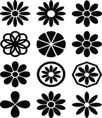 Fototapeta premium Minimalist Black and White Flower Icon Set with Geometric Floral Motifs and Abstract Daisy Symbols for Logos, Badges, and Creative Pattern Designs