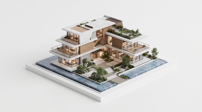 Isometric 3D Model of a Modern Luxury Villa with Garden and Pool Design Concept