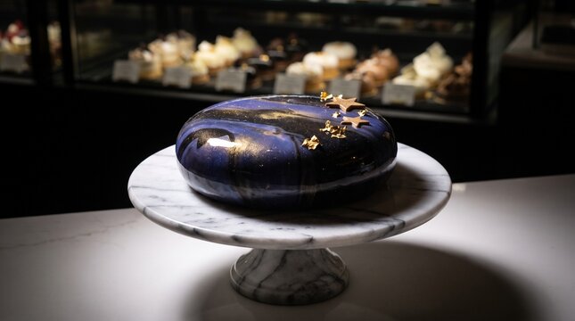 Gourmet galaxy mirror glaze mousse cake with gold stars on a marble stand