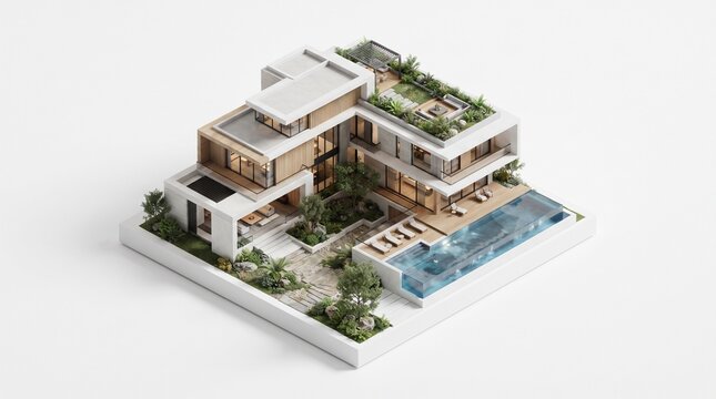 Architectural render of a modern luxury house, showcasing contemporary design, private pool, and lush rooftop garden, ideal for upscale residential living