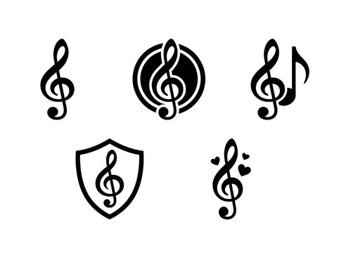 Collection of black music icons and symbols on a white background.