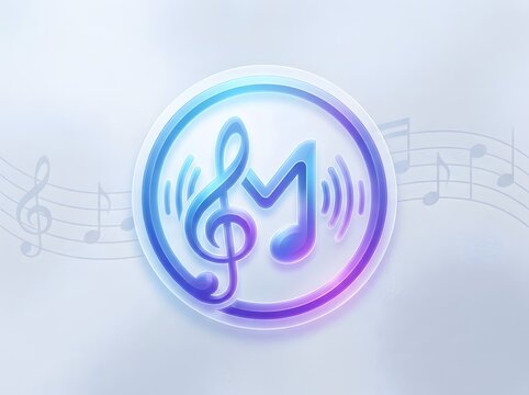 Glowing music icon with treble clef and notes vibrant blue and purple design.