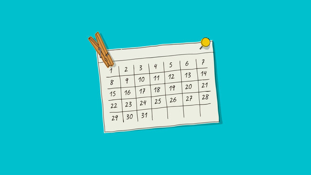 A colorful vector illustration of a monthly calendar with a wooden clothespin and a yellow pushpin wall date