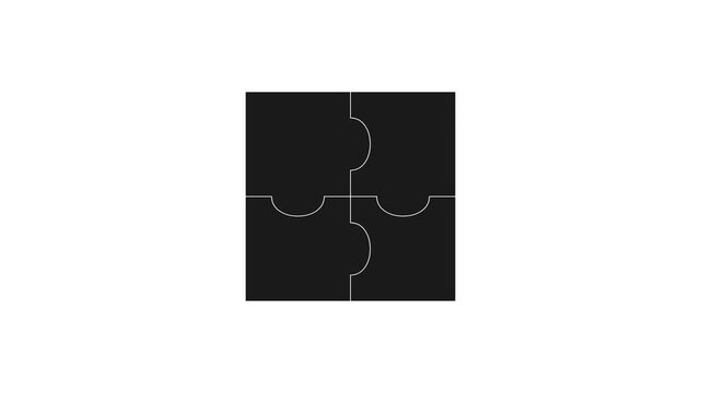 Animated black puzzle piece icon assembling on white background, representing problem solving, teamwork, strategy, and business solution motion graphic.