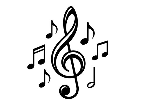 Black music notes and treble clef icon on a white background.